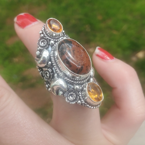 New Witchy Mahogany Obsidian & Citrine 925 Silver Statement Ring. - Picture 7 of 16